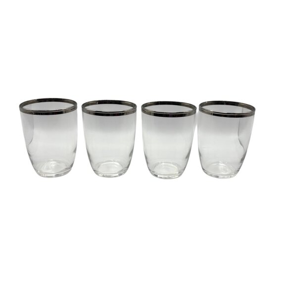 Set Of 4 Vintage MCM Clear Glass Tumblers With Silver Rim 3" Wide - Picture 2 of 6